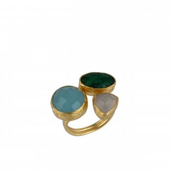 Ring made from brass, goldplated, Aquach., Chalcedon, Emerald